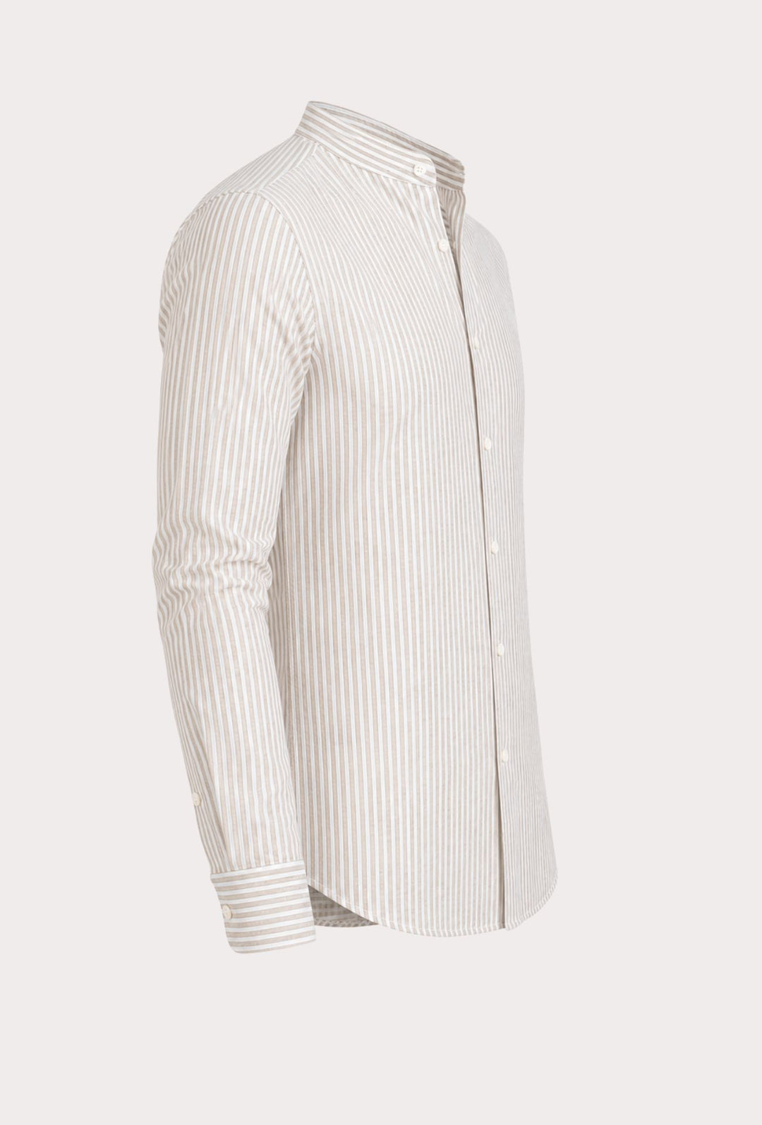 Camicia Uomo Manica Lunga Lino e Cotone Collo Coreano a righe Made in Italy - BEIGE
