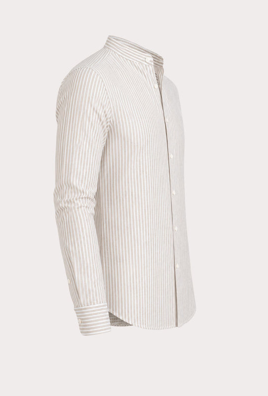 Camicia Uomo Manica Lunga Lino e Cotone Collo Coreano a righe Made in Italy - BEIGE