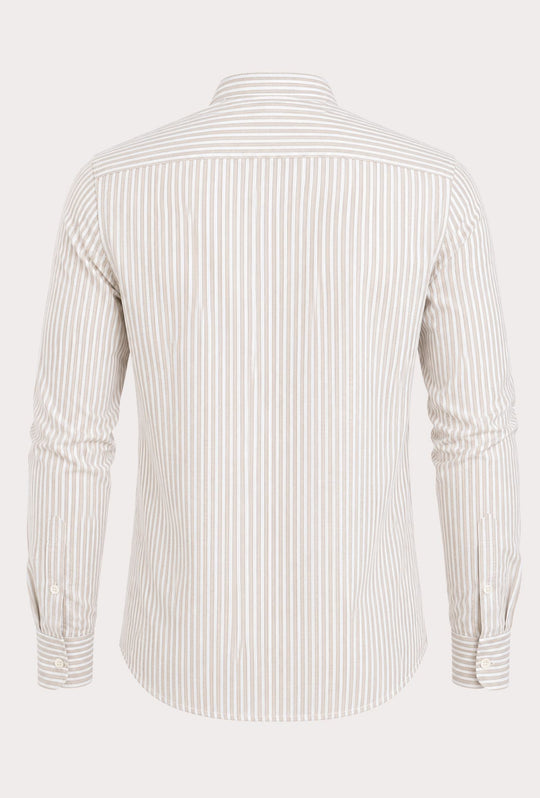 Camicia Uomo Manica Lunga Lino e Cotone Collo Coreano a righe Made in Italy - BEIGE