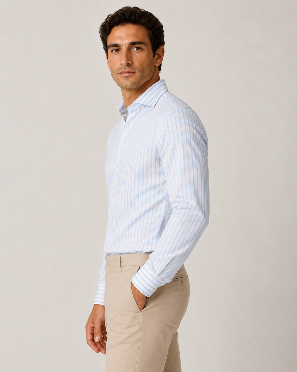 Camicia Uomo Lino Cotone a Righe Dresserd Collo Francese -AZZURRA
