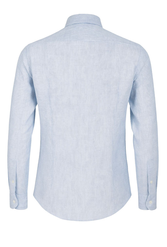 Camicia Uomo lino cotone trama rigata semi slim fit - CELESTE