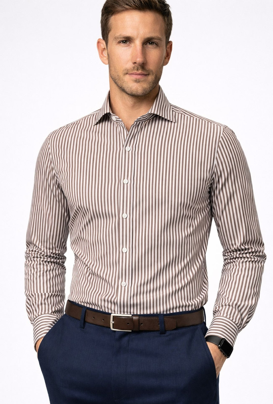 Camicia uomo manica lunga a righe 100% cotone made in italy - BEIGE