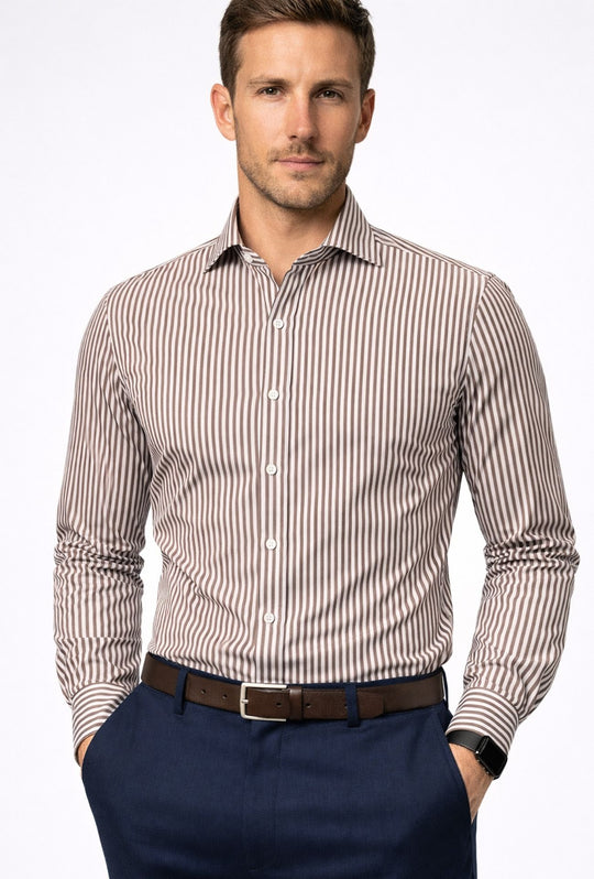 Camicia uomo manica lunga a righe 100% cotone made in italy - BEIGE