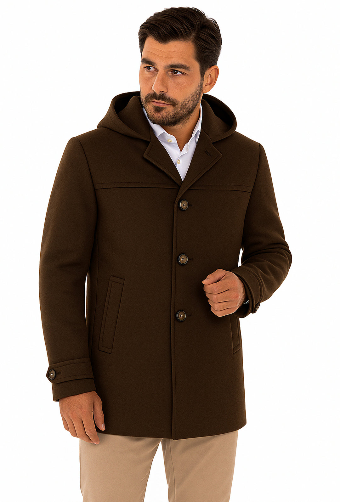 Cappotto uomo in panno con cappuccio Made in italy - MARRONE
