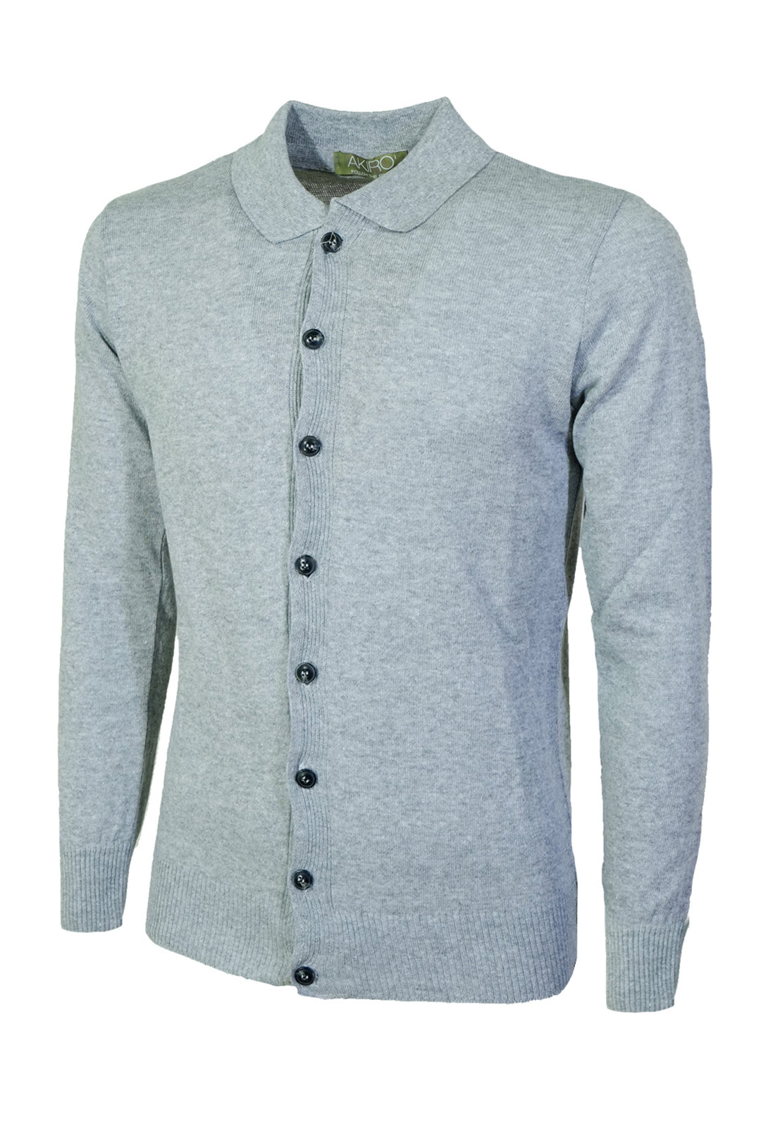 Maglia Uomo Manica Lunga con Bottoni Colletto Polo Cardigan Dresserd Maglioncino Cotone Leggero - GRIGIO