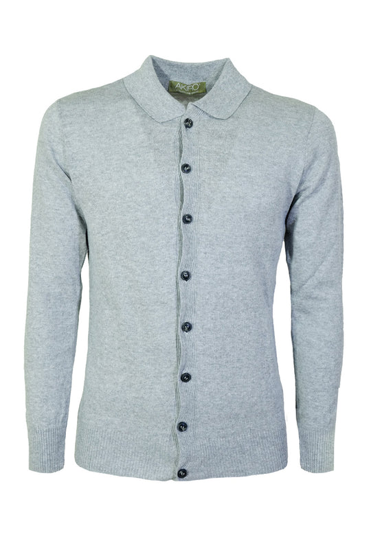 Maglia Uomo Manica Lunga con Bottoni Colletto Polo Cardigan Dresserd Maglioncino Cotone Leggero - GRIGIO