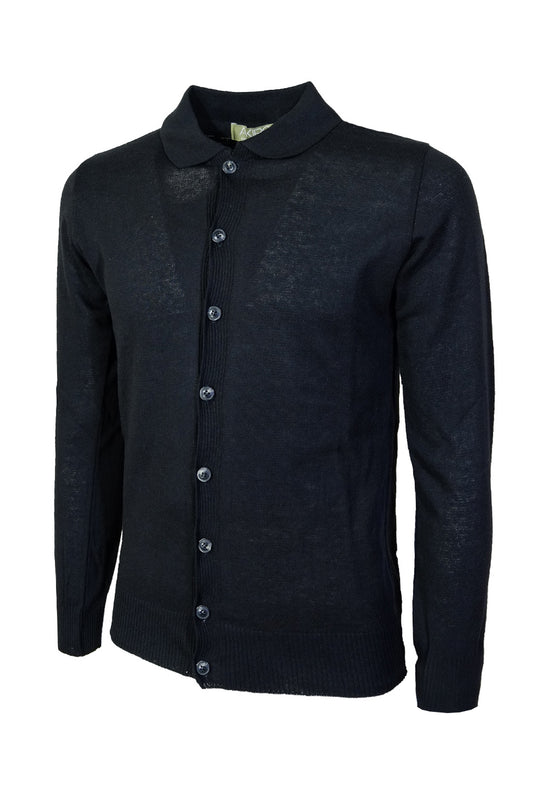 Maglia Uomo Manica Lunga con Bottoni Colletto Polo Cardigan Dresserd Maglioncino Cotone Leggero - NERO