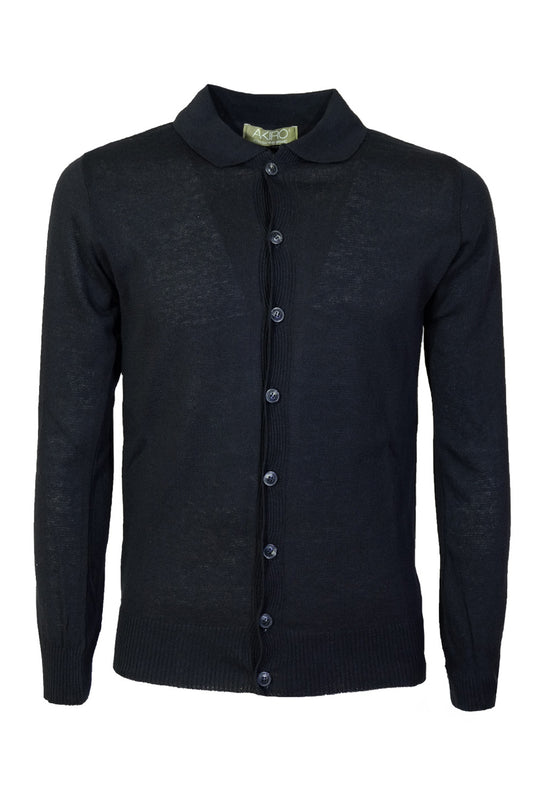 Maglia Uomo Manica Lunga con Bottoni Colletto Polo Cardigan Dresserd Maglioncino Cotone Leggero - NERO