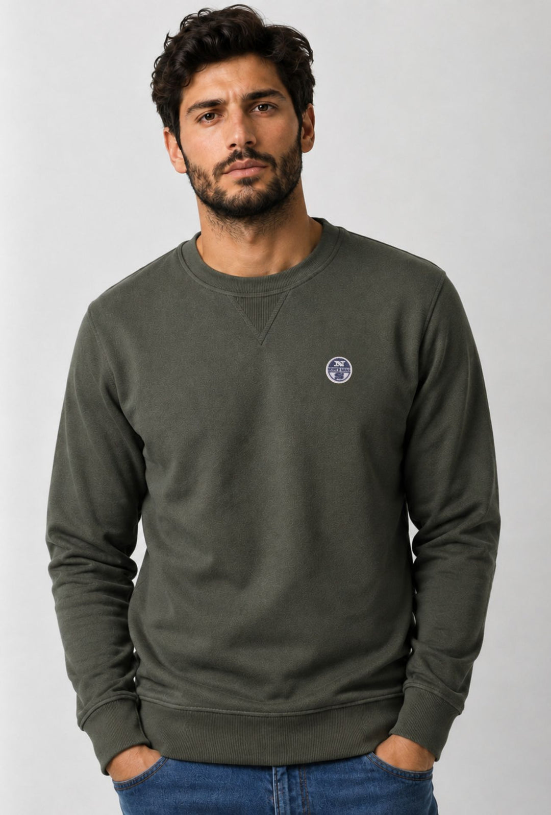 Felpa Uomo NORTH SAILS  Girocollo in 100% Cotone Logo ricamato lato cuore-  VERDE ARMY