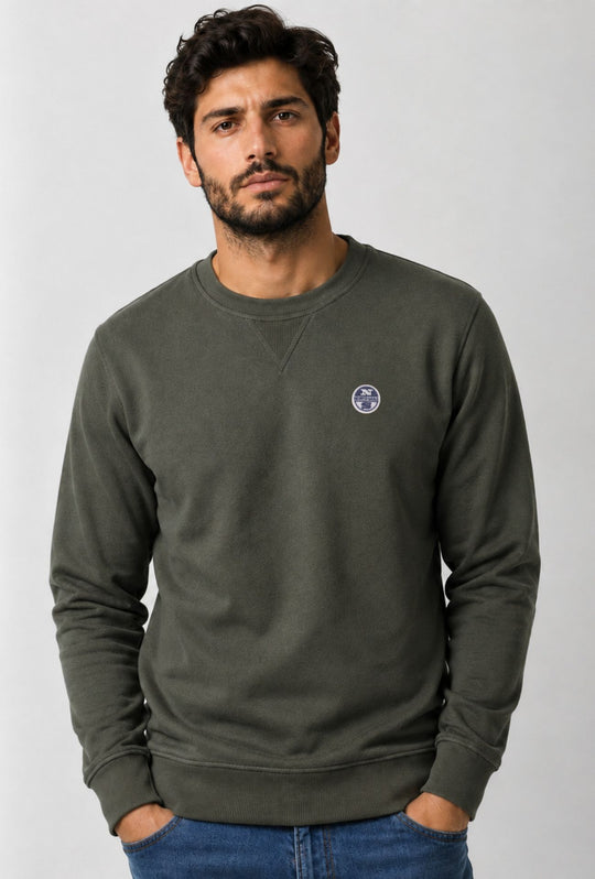 Felpa Uomo NORTH SAILS  Girocollo in 100% Cotone Logo ricamato lato cuore-  VERDE ARMY