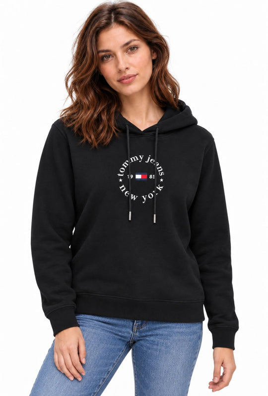 Felpa Donna Tommy Jeans in Cotone con Cappuccio Logo centrale stampato- NERO