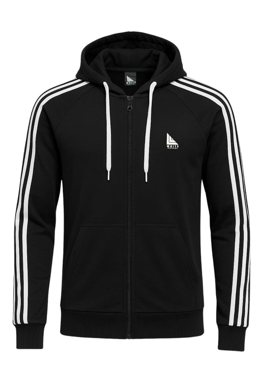 Felpa uomo cotone leggero zip e cappuccio bande sulle maniche - NERO