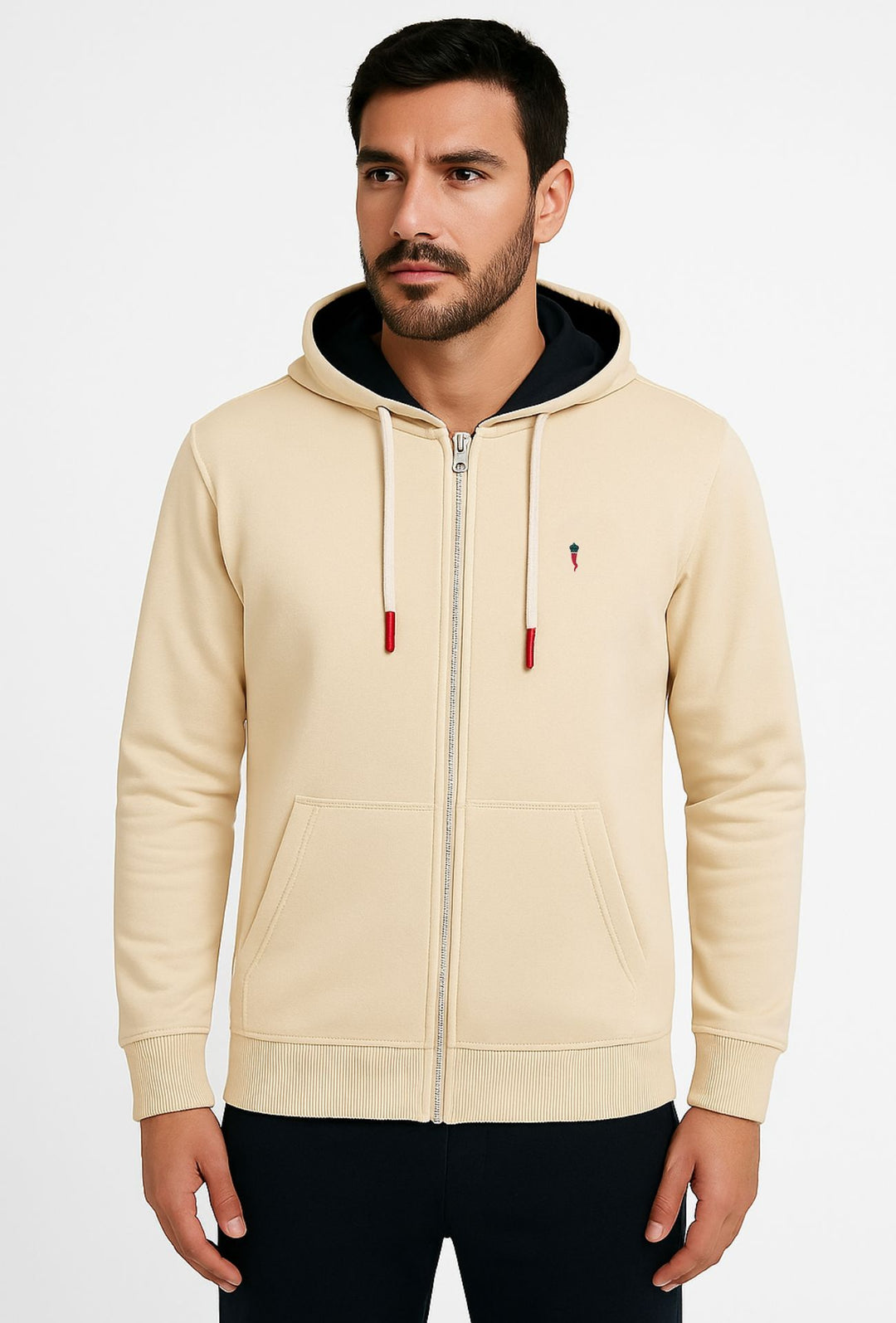 Felpa Uomo con Zip e cappuccio in cotone leggero - BEIGE