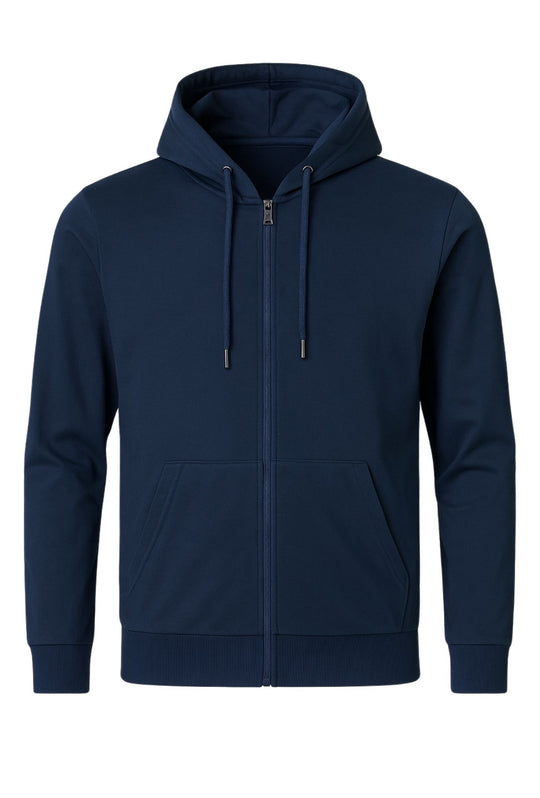 Felpa cotone leggera uomo con zip cappuccio tinta unita - BLU