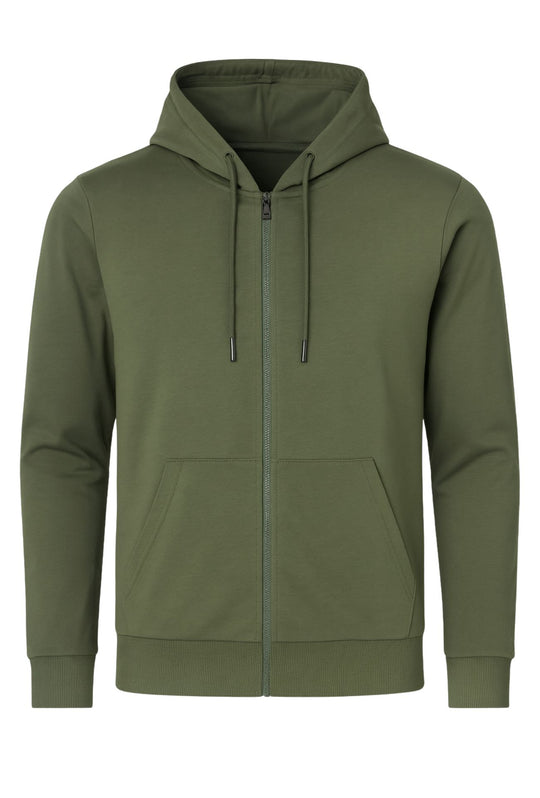 Felpa cotone leggera uomo con zip cappuccio tinta unita - VERDE MILITARE
