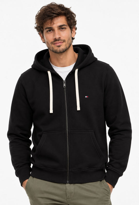 Felpa Uomo Full Zip con cappuccio TOMMY HILFIGER cotone felpato leggero- NERO