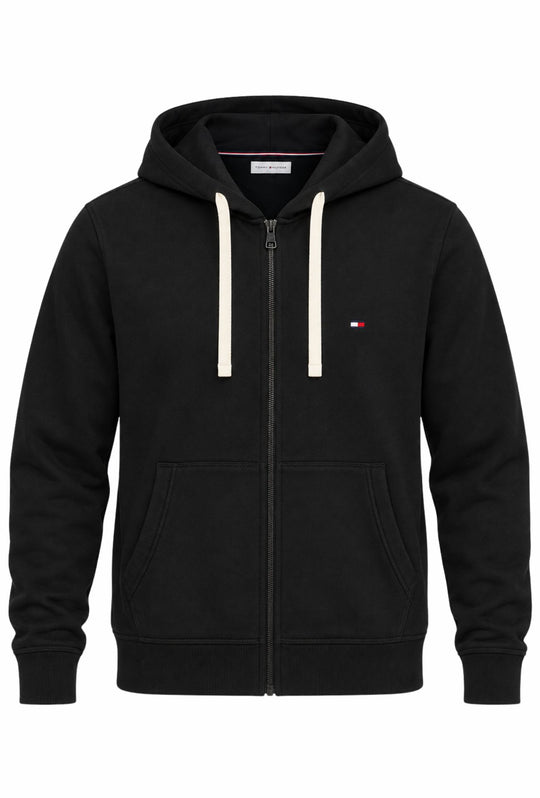 Felpa Uomo Full Zip con cappuccio TOMMY HILFIGER cotone felpato leggero- NERO