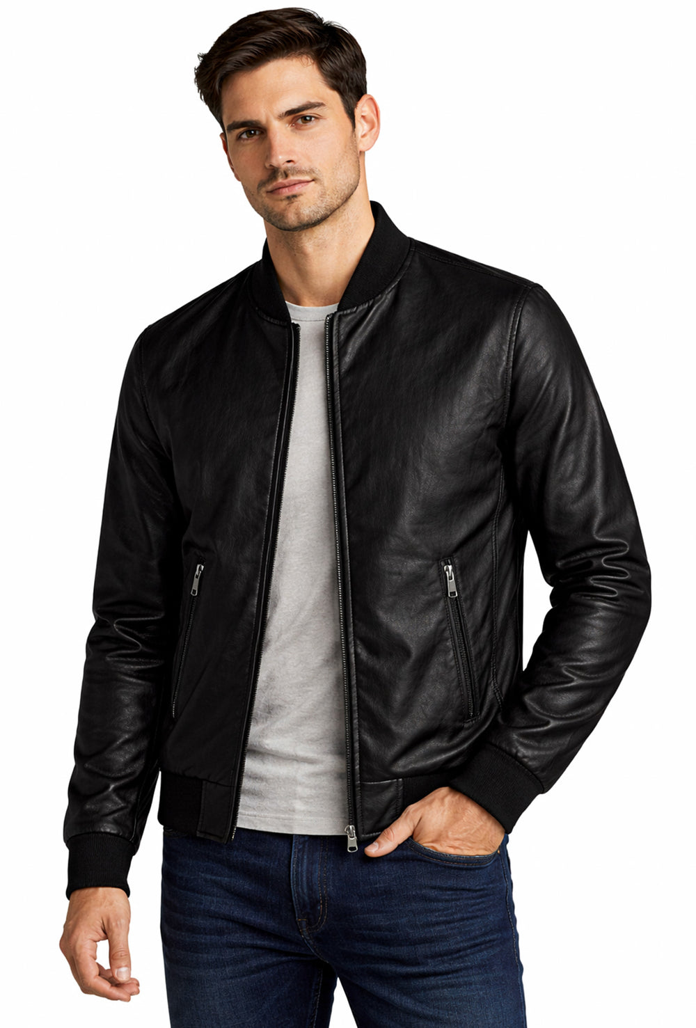 Giubbotto uomo primaverile in simil pelle bomber colletto college - NERO