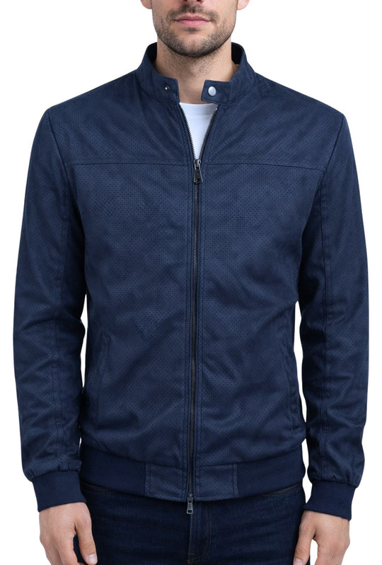 Giubbotto uomo in eco camoscio primaverile con collo coreano - BLU