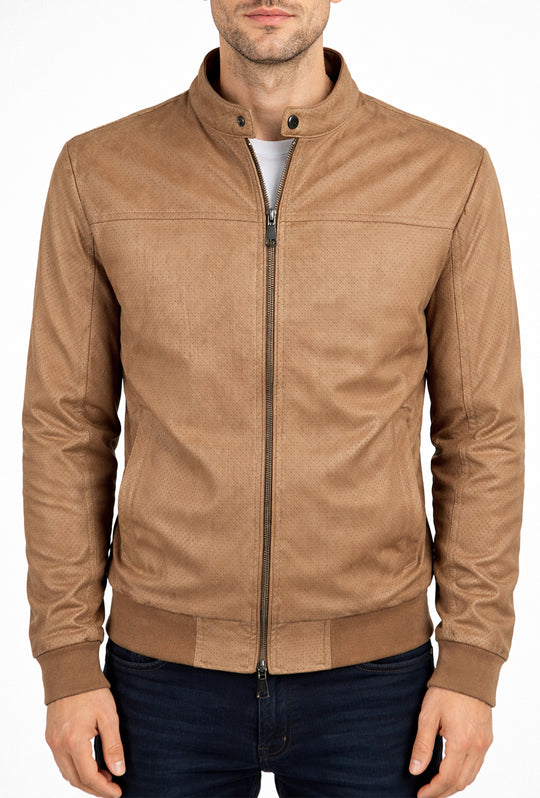 Giubbotto uomo in eco camoscio primaverile con collo coreano - CAMMELLO