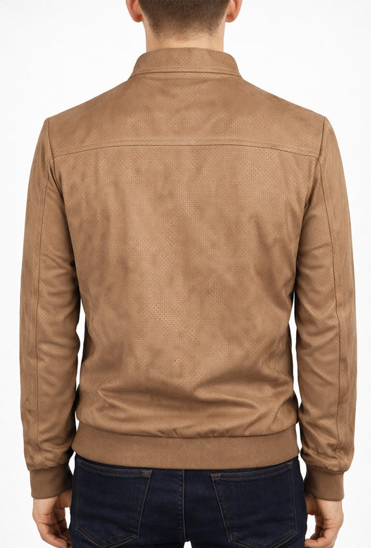 Giubbotto uomo in eco camoscio primaverile con collo coreano - CAMMELLO