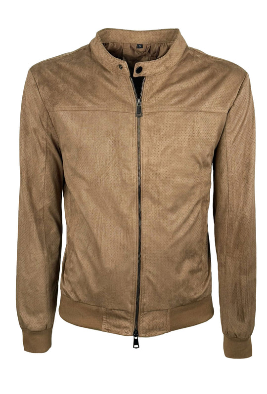 Giubbotto uomo in eco camoscio primaverile con collo coreano - CAMMELLO