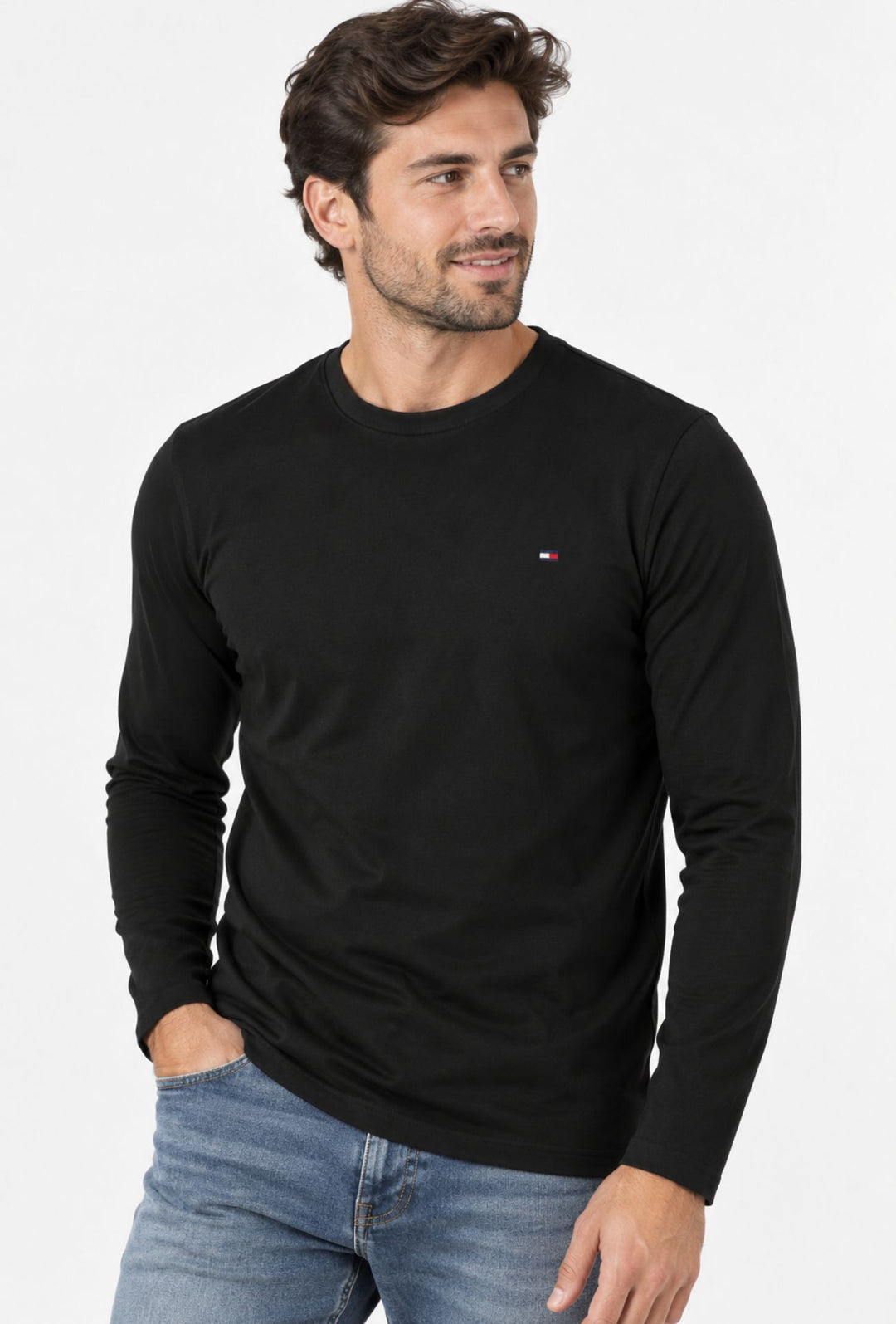 Maglia Uomo Tommy Hilfiger  in Cotone a Manica Lunga Slim Fit Logo ricamato lato cuore- NERO