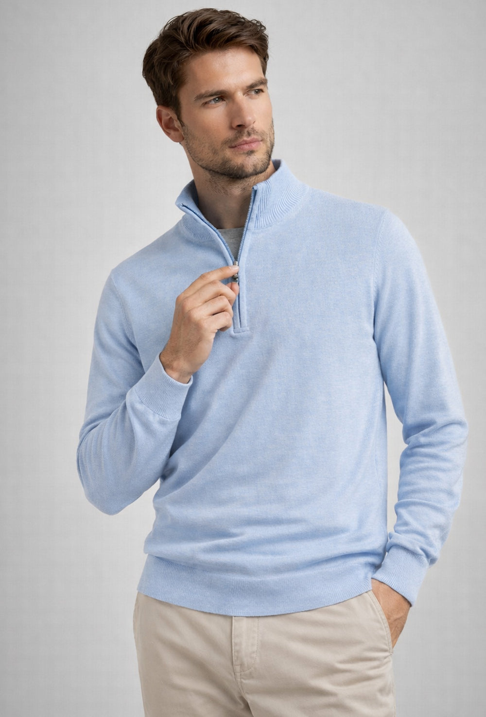 Maglioncino uomo Mezza zip in 100% Cotone Dresserd leggero - AZZURRO POLVERE