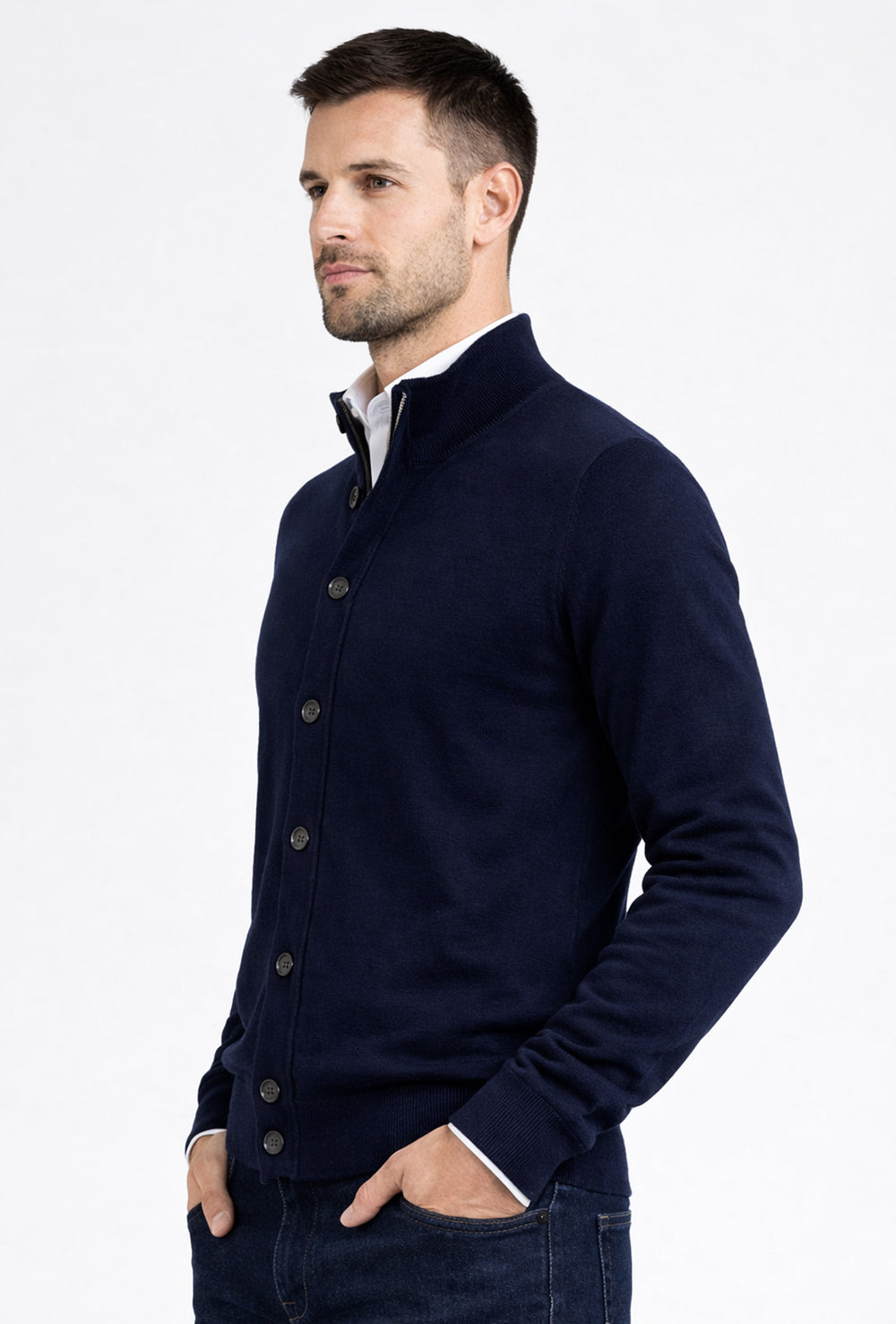 Maglioncino giacca uomo in cotone extrafine con zip e bottoni Portocervo - BLU