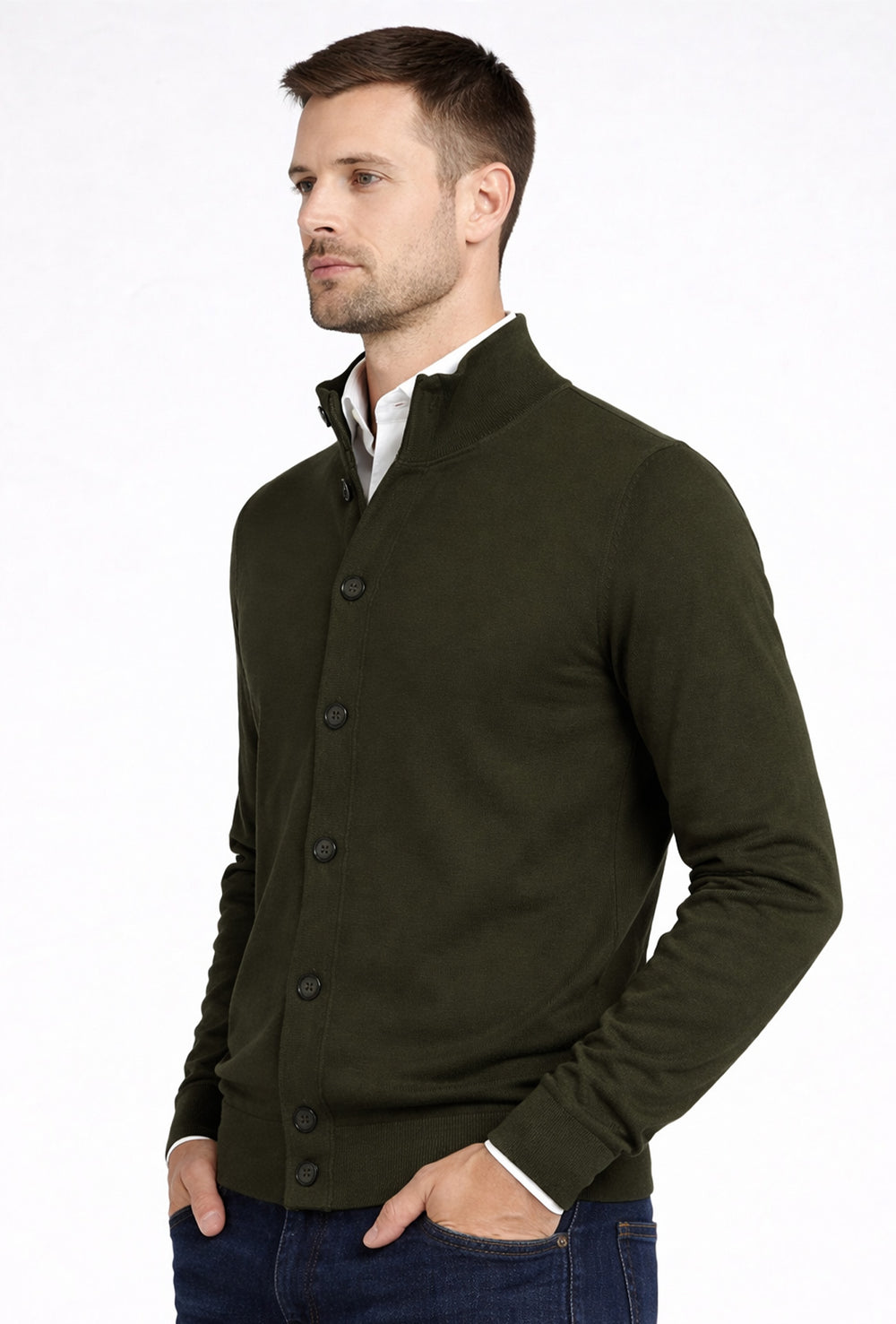 Maglioncino giacca uomo in cotone extrafine con zip e bottoni Portocervo - VERDE SCURO