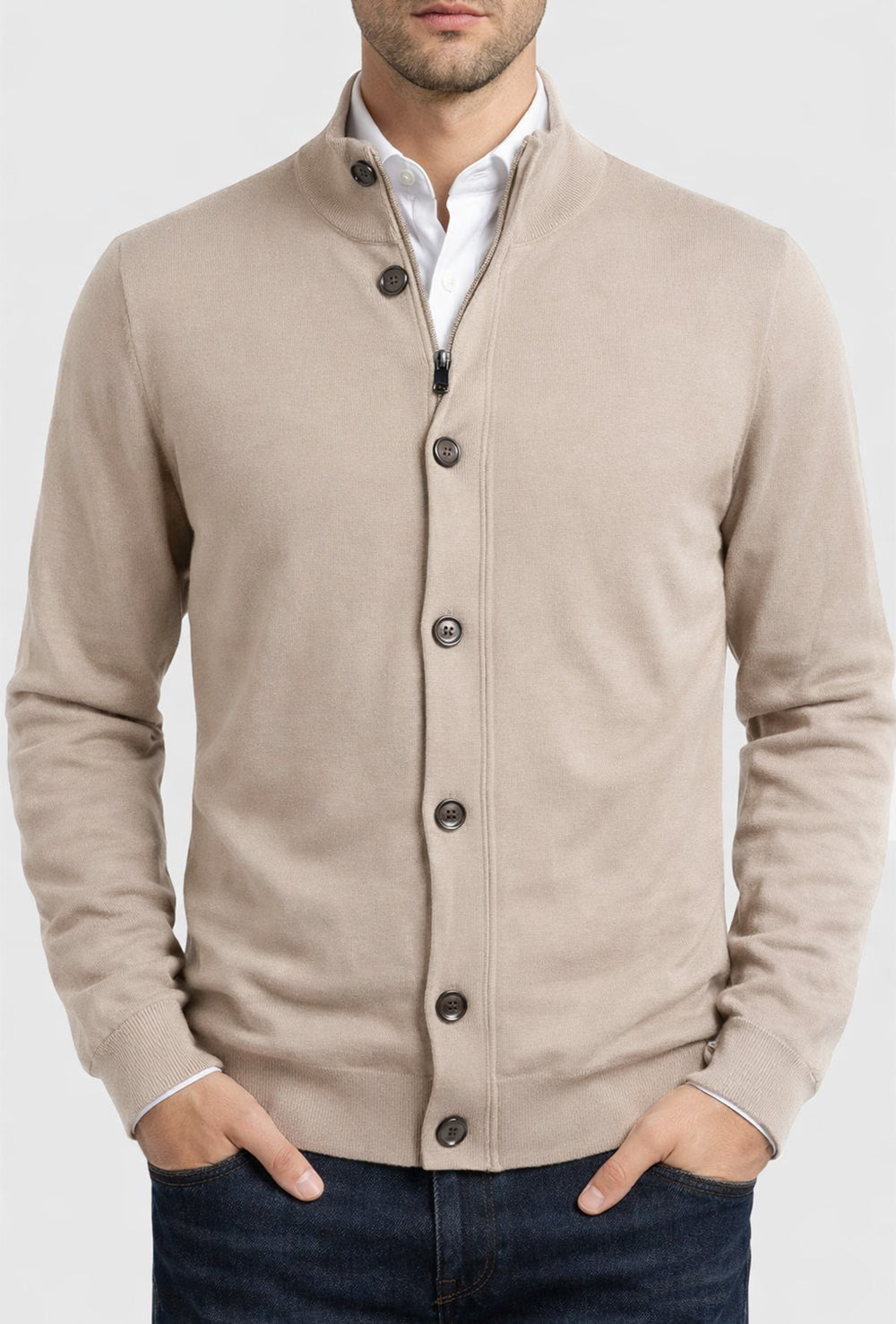 Maglioncino giacca uomo in cotone extrafine con zip e bottoni Portocervo - ARGILLA