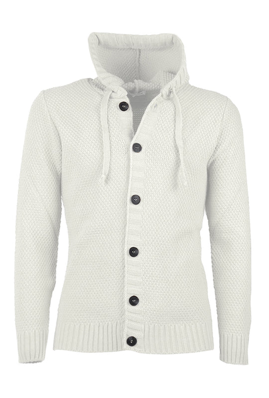 Maglia Uomo Manica lunga con bottoni e cappuccio Cardigan Felpa in Maglia Dresserd - BIANCO