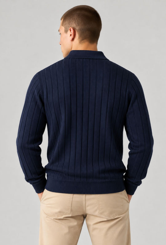 Maglioncino uomo  a coste con bottoni colletto a polo Made In Italy- BLU NAVY