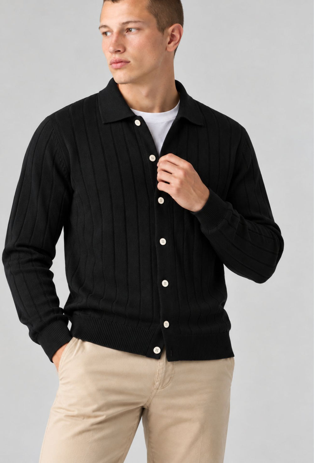Maglioncino uomo  a coste con bottoni colletto a polo Made In Italy- NERO
