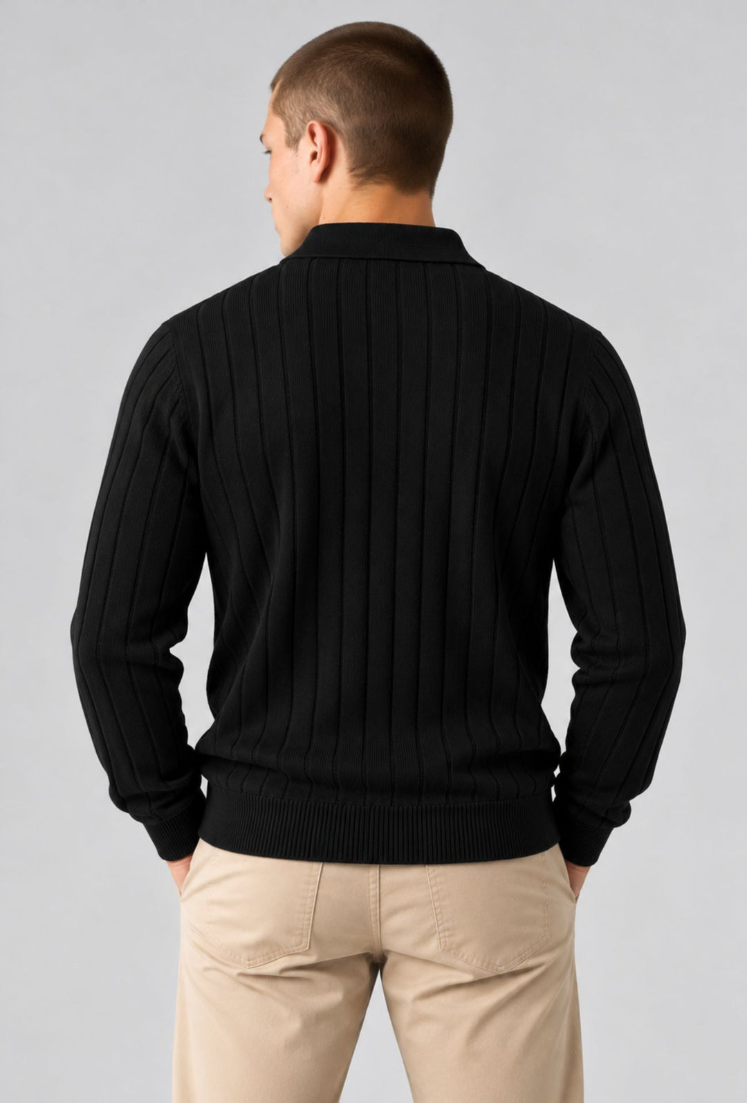 Maglioncino uomo  a coste con bottoni colletto a polo Made In Italy- NERO
