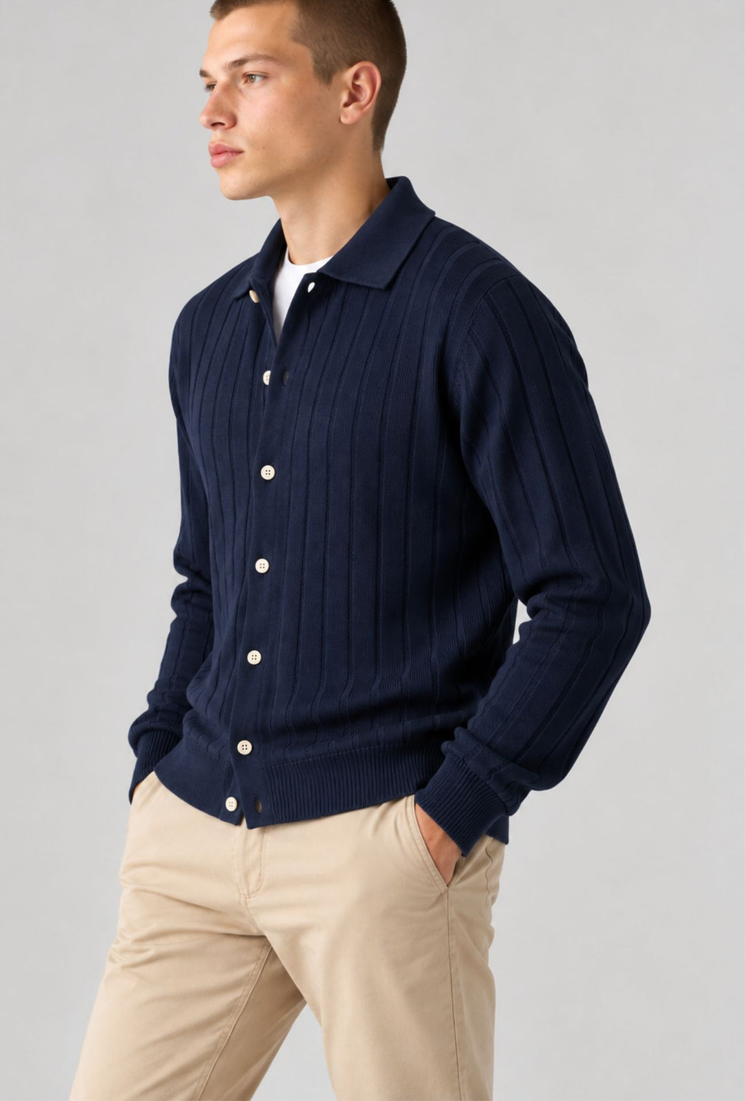 Maglioncino uomo  a coste con bottoni colletto a polo Made In Italy- BLU NAVY