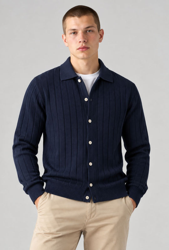 Maglioncino uomo  a coste con bottoni colletto a polo Made In Italy- BLU NAVY