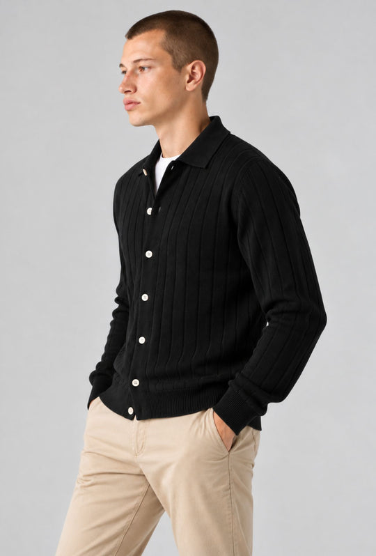 Maglioncino uomo  a coste con bottoni colletto a polo Made In Italy- NERO