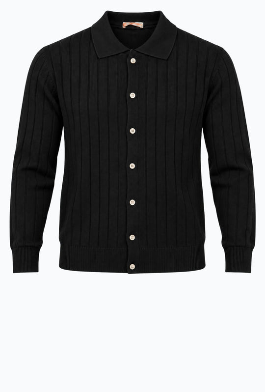 Maglioncino uomo  a coste con bottoni colletto a polo Made In Italy- NERO
