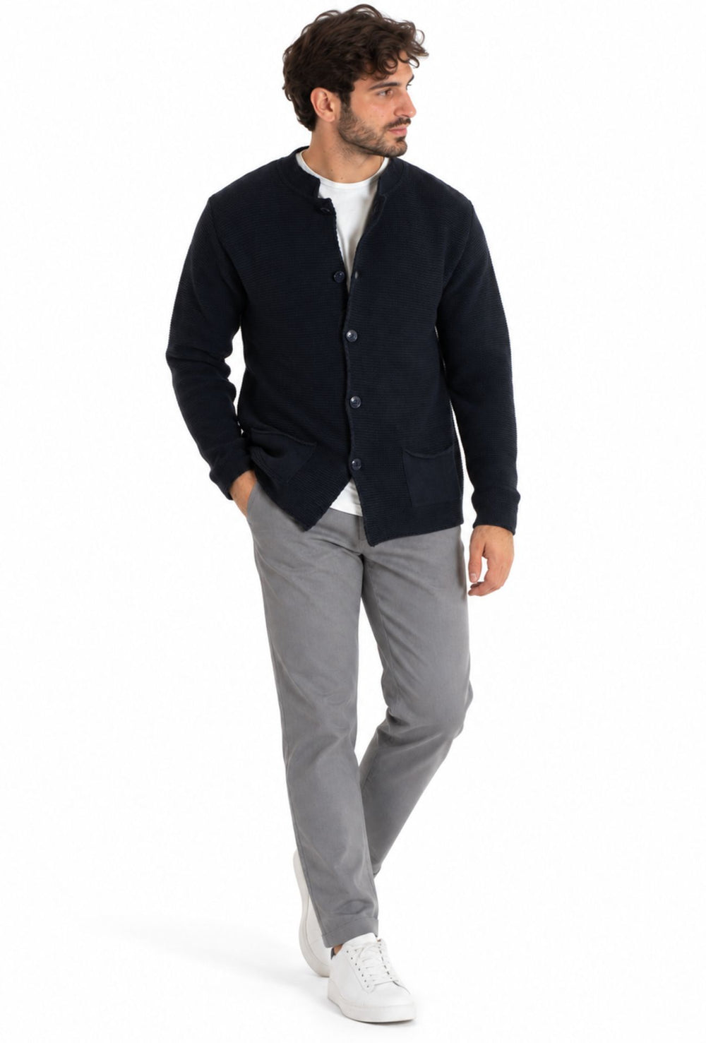 Cardigan Uomo invernale collo coreano in Maglia Made in Italy - BLU