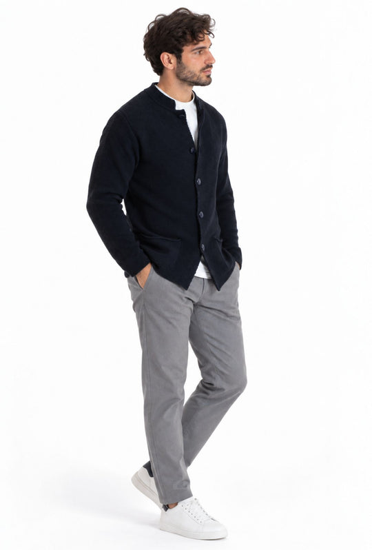 Cardigan Uomo invernale collo coreano in Maglia Made in Italy - BLU