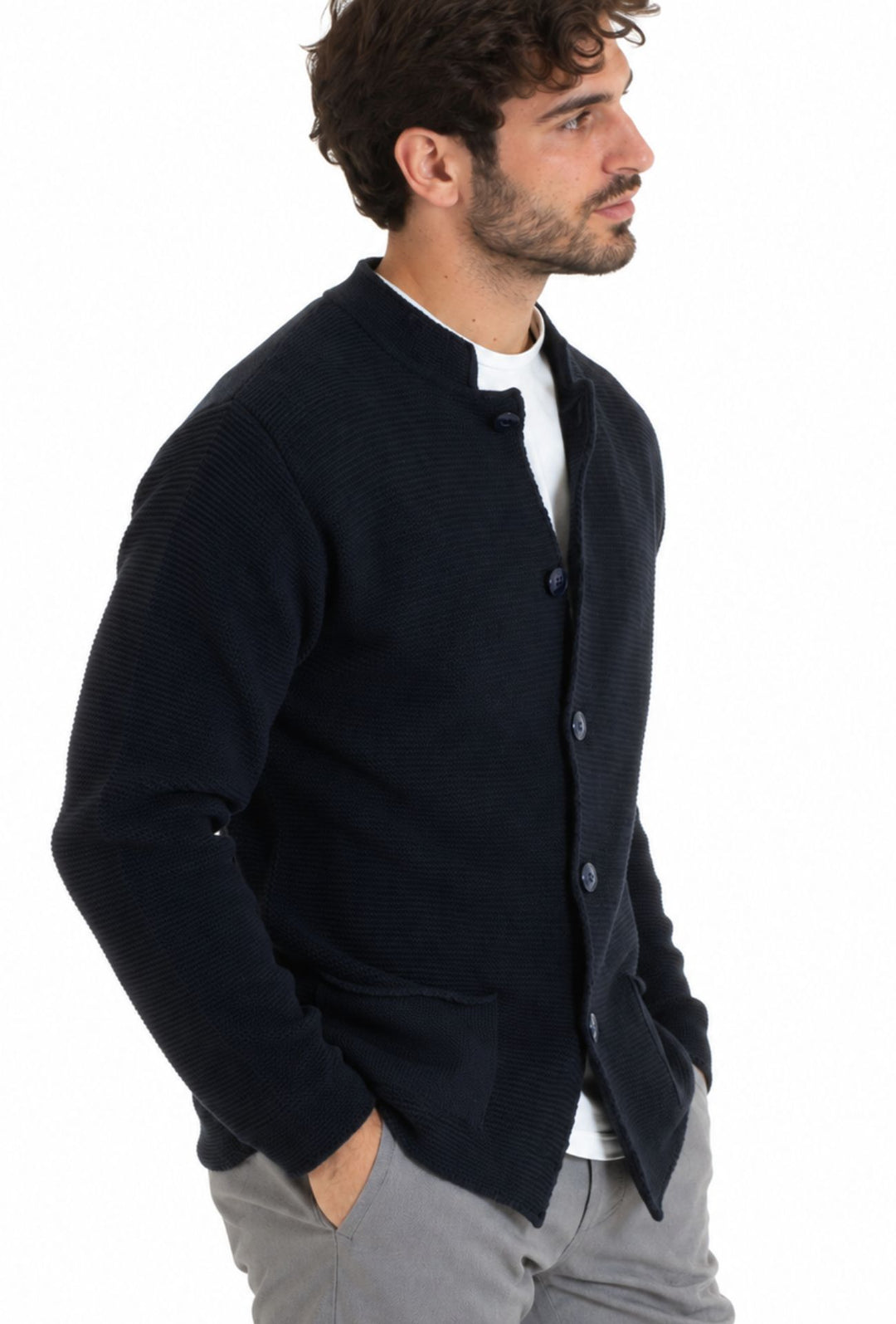 Cardigan Uomo invernale collo coreano in Maglia Made in Italy - BLU
