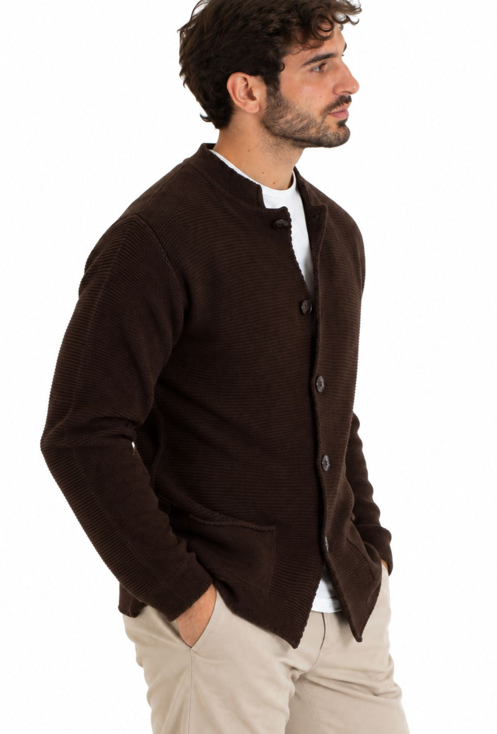 Cardigan Uomo invernale collo coreano in Maglia Made in Italy - MORO
