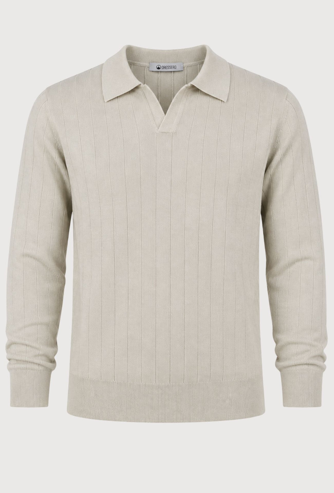 Polo Uomo Manica Lunga Dresserd  in Maglia a Coste con Scollo Derby- SABBIA