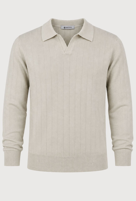 Polo Uomo Manica Lunga Dresserd  in Maglia a Coste con Scollo Derby- SABBIA
