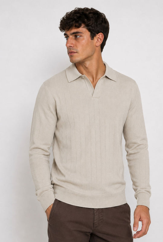 Polo Uomo Manica Lunga Dresserd  in Maglia a Coste con Scollo Derby- SABBIA