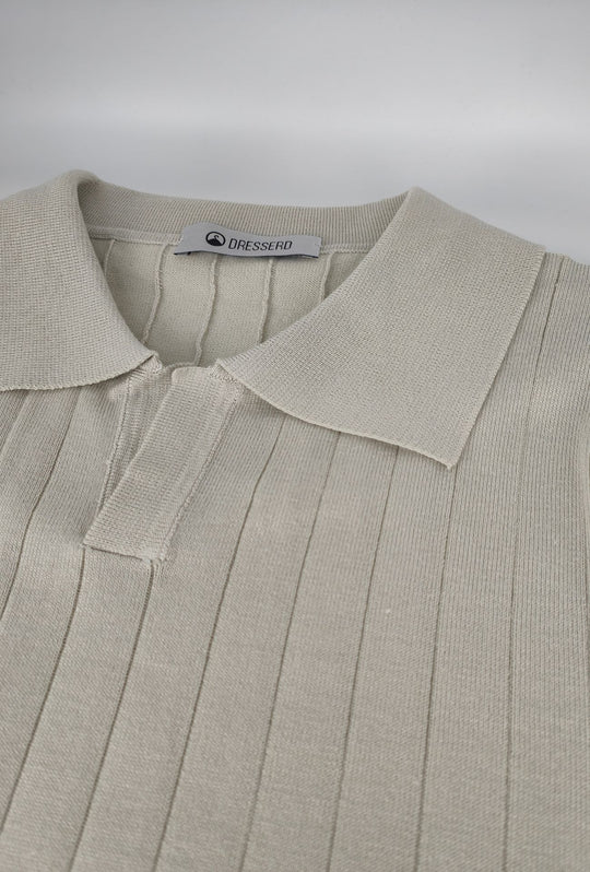 Polo Uomo Manica Lunga Dresserd  in Maglia a Coste con Scollo Derby- SABBIA