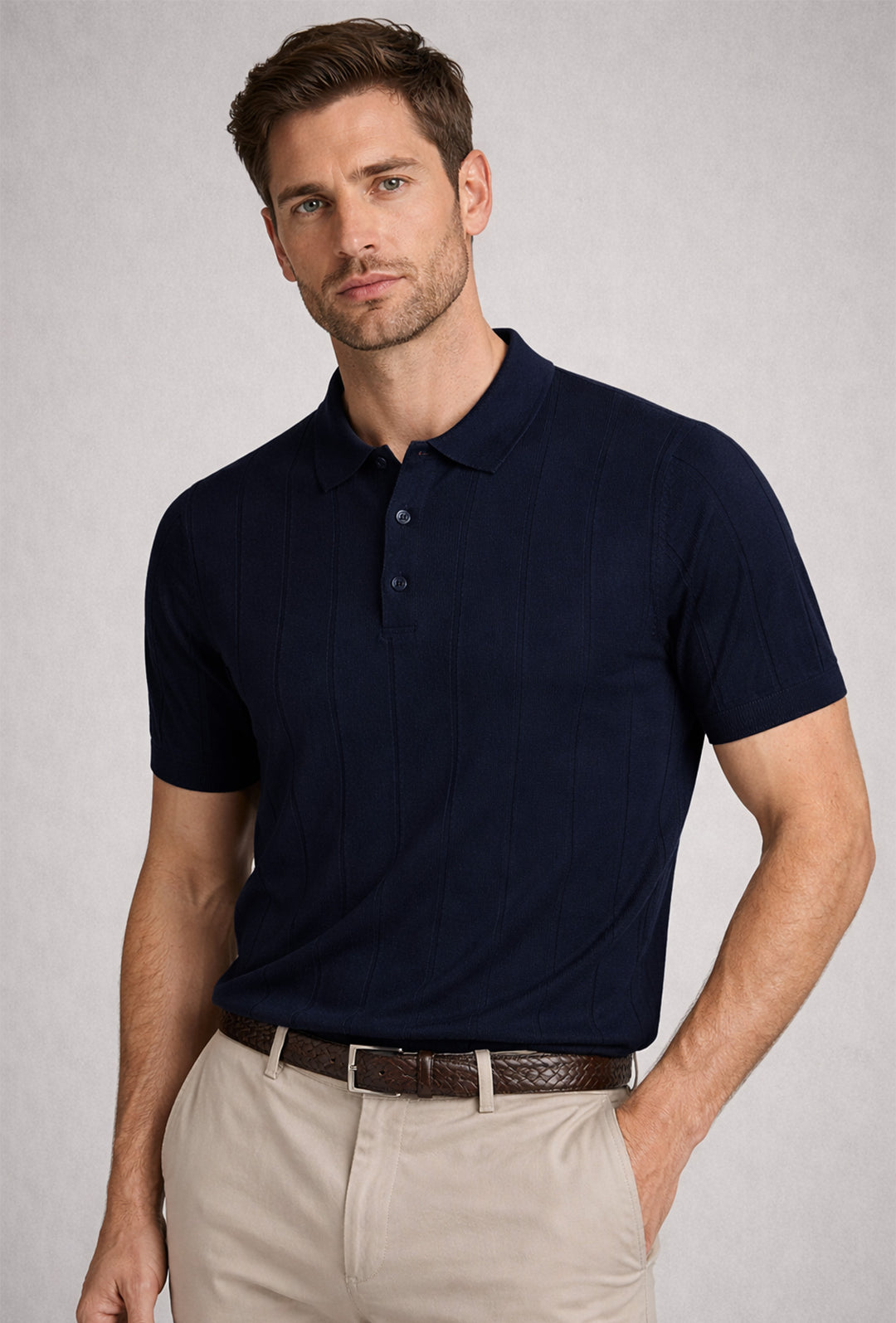 Polo uomo in crepe di cotone Dresserd a maglia - BLU