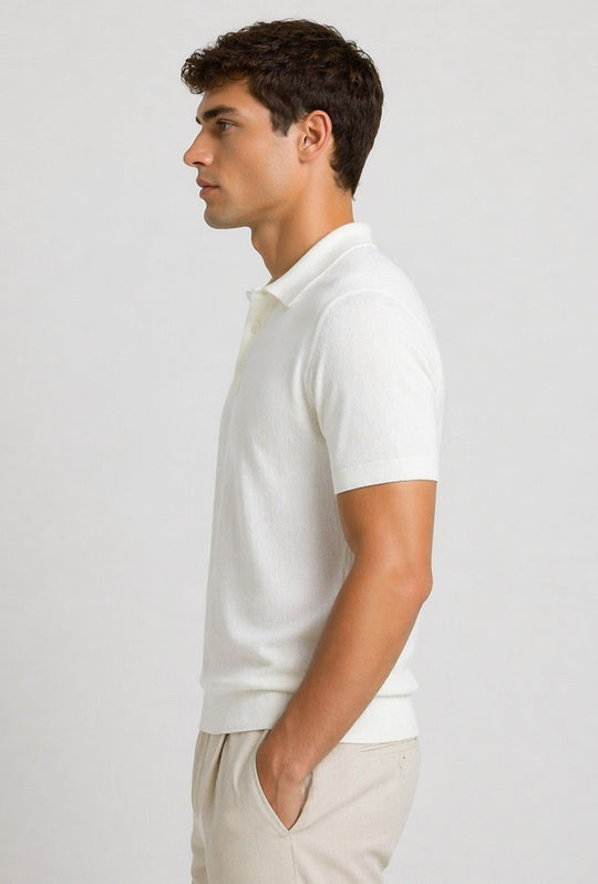Polo uomo in maglia 100% Cotone in maglia trama lavorata - BIANCO