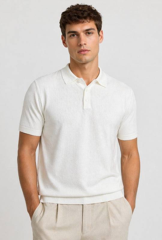 Polo uomo in maglia 100% Cotone in maglia trama lavorata - BIANCO
